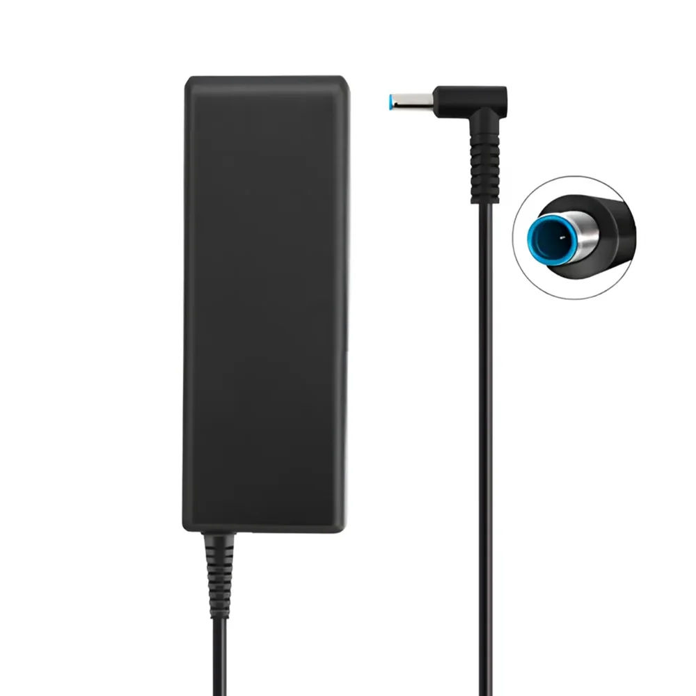 Cargador HP 45W vista frontal y conector punta azul