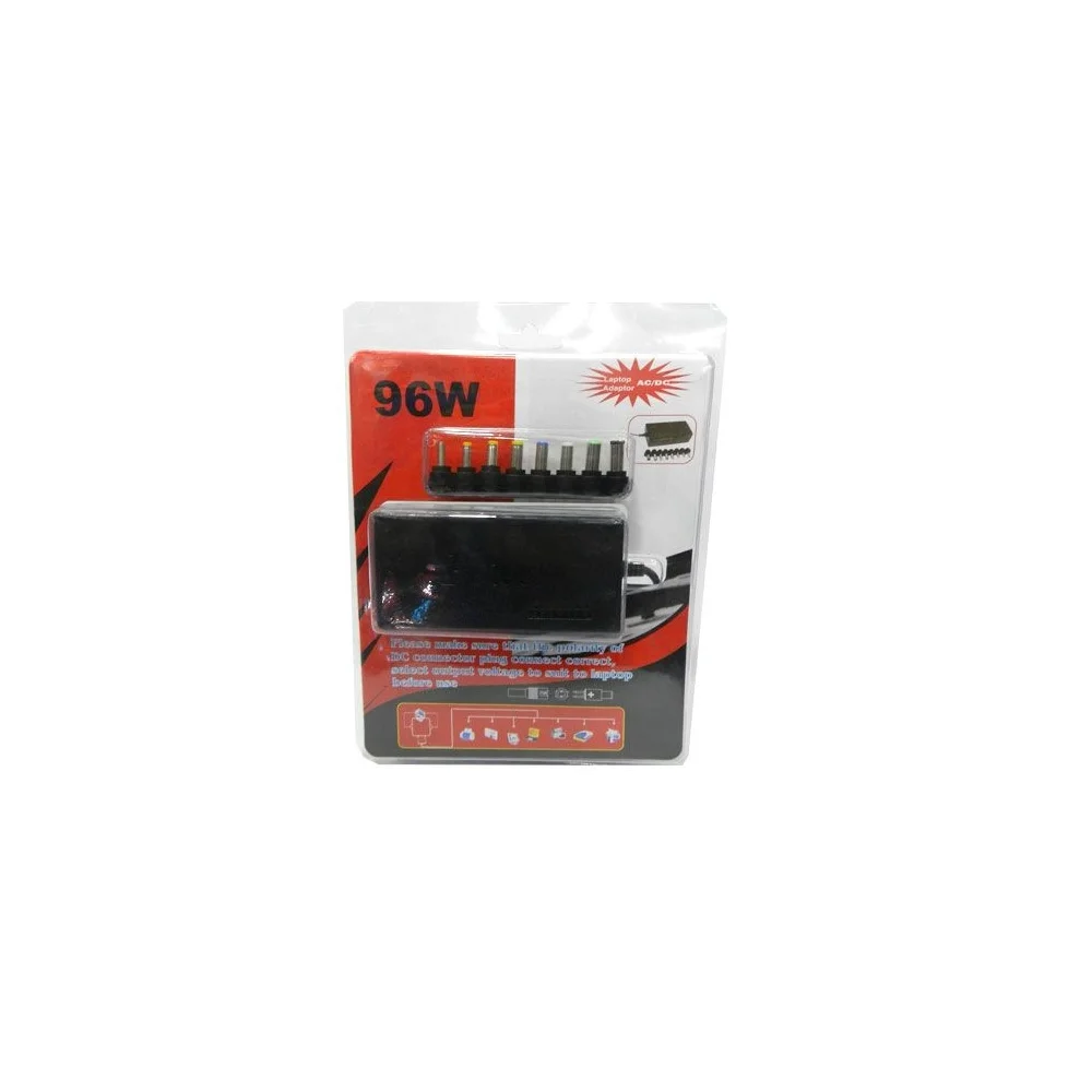 Empaque del cargador universal notebook 96W con detalle de puntas