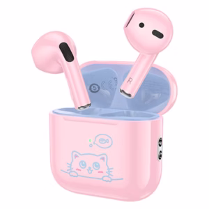 Audífonos inalámbricos Hoco EW112 rosados con estuche de carga abierto