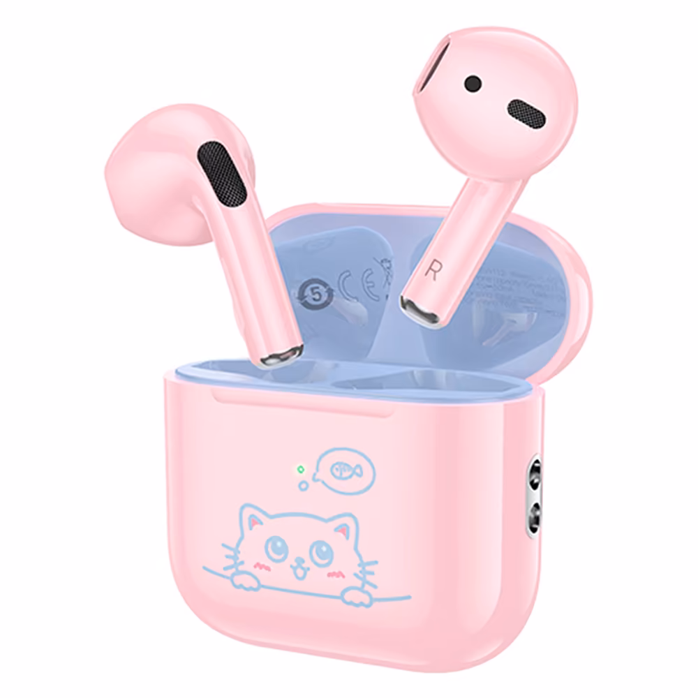 Audífonos inalámbricos Hoco EW112 rosados con estuche de carga abierto