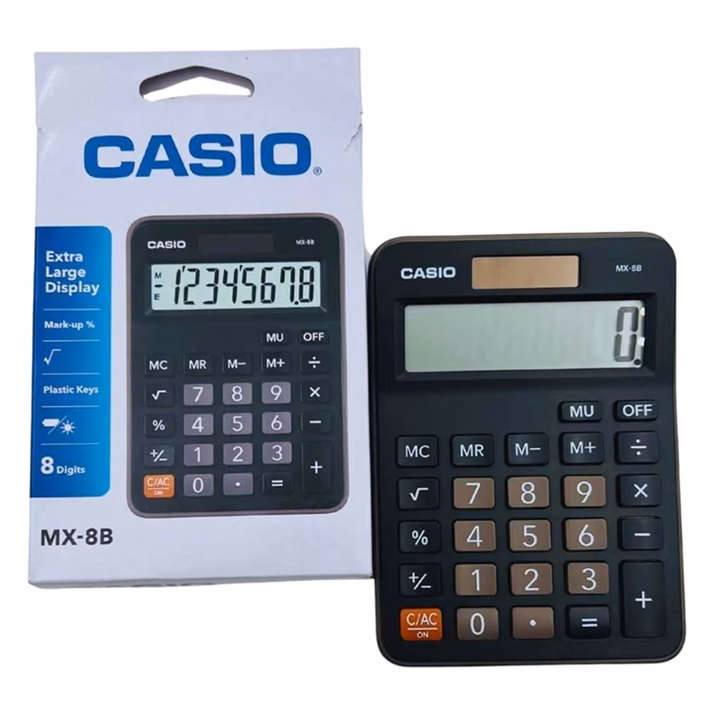 Calculadora Casio MX-8B junto a su caja original, con especificaciones Extra Large Display y 8 Digits
