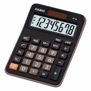 Calculadora Casio MX-8B negra, vista principal en ángulo con pantalla mostrando 12345678