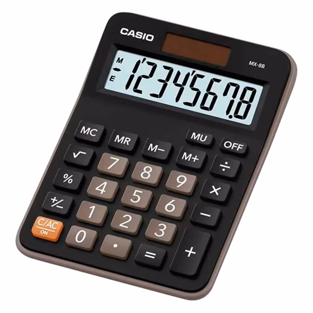 Calculadora Casio MX-8B negra, vista principal en ángulo con pantalla mostrando 12345678