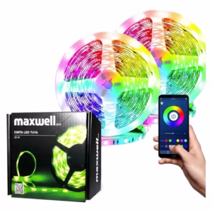Caja original de la Cinta LED WiFi RGB Maxwell.eco, junto a los 2 rollos de 5 metros y control desde celular