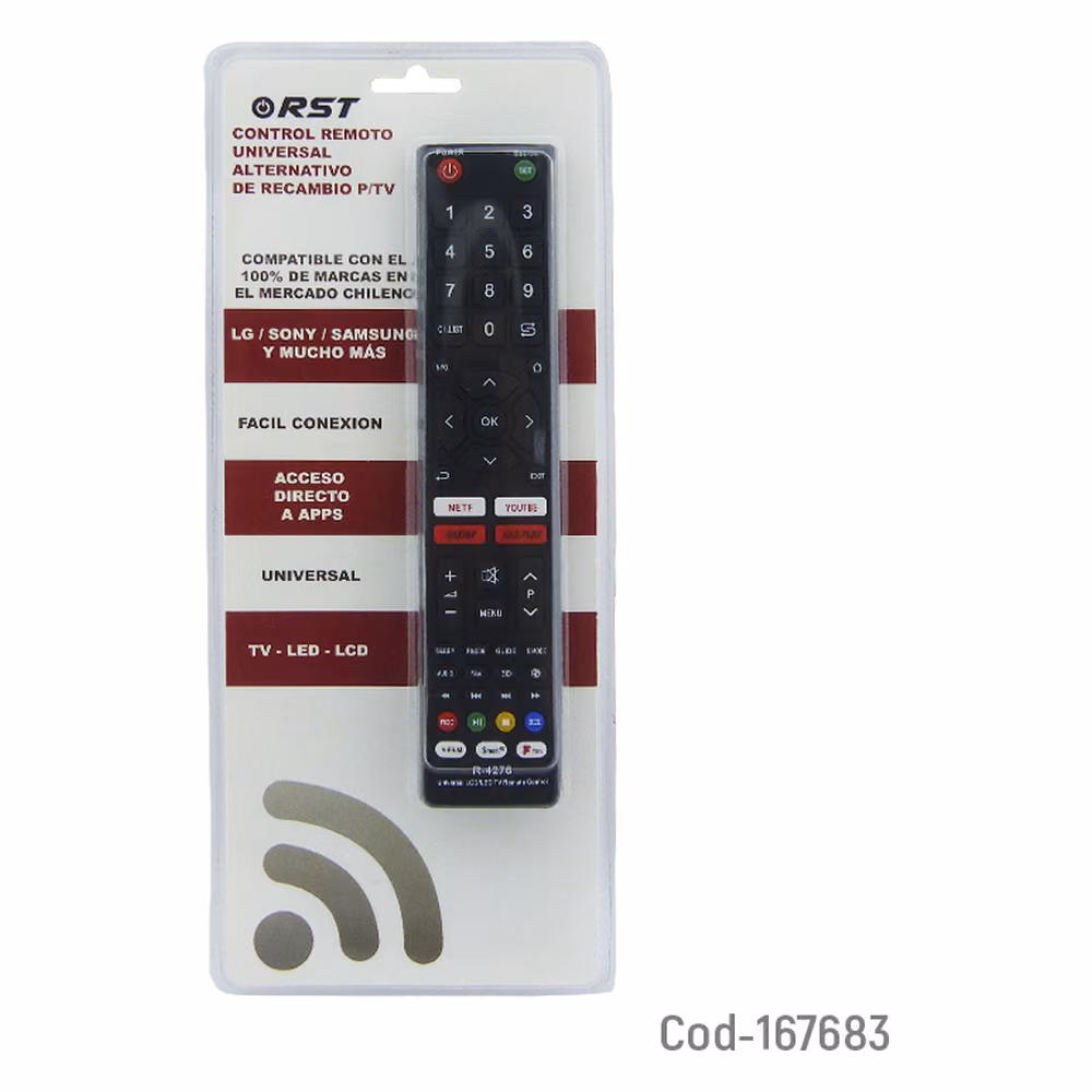 Empaque blíster original del Control Remoto RST R-4276, con lista de compatibilidad LG, Sony, Samsung
