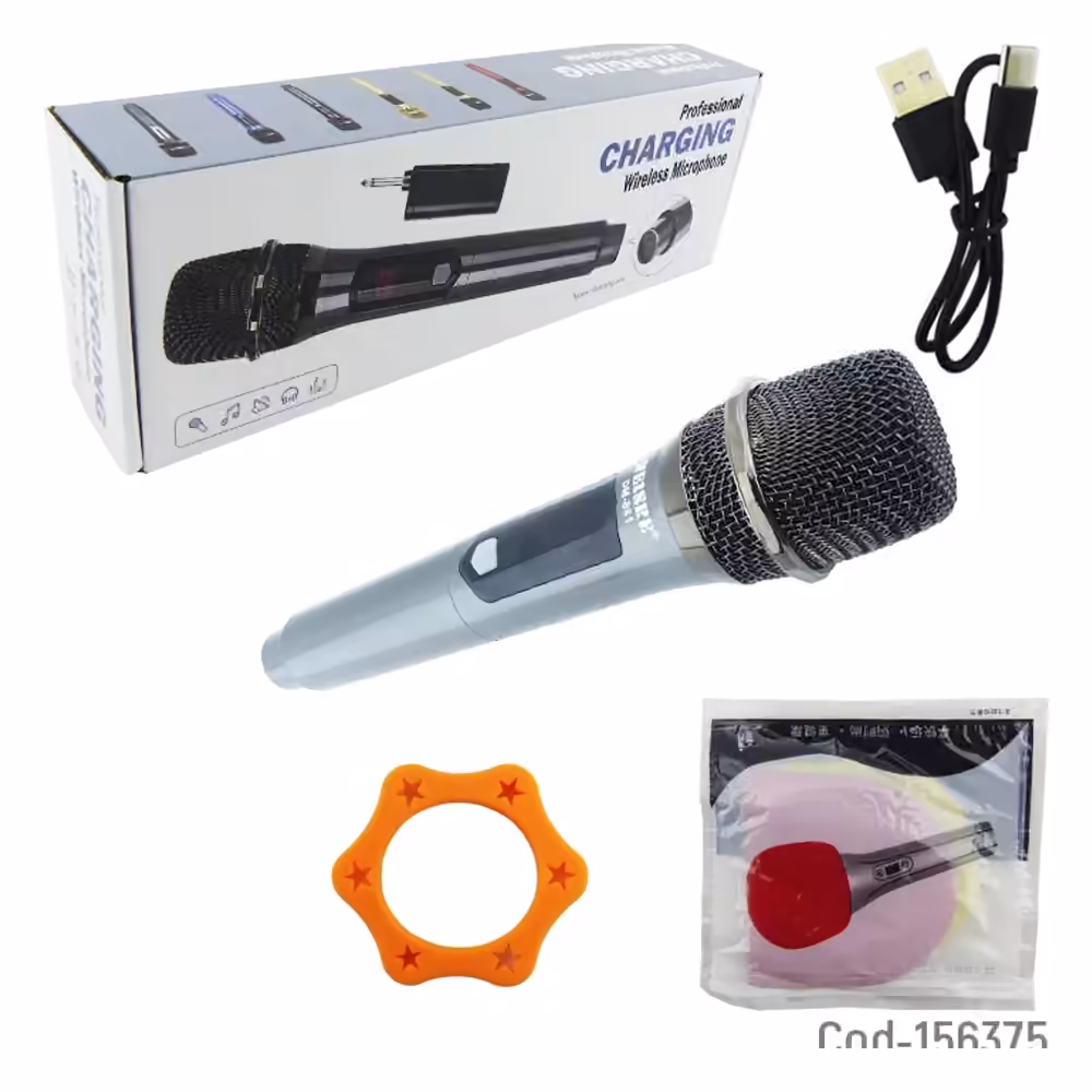 Micrófono plateado DM-881 con caja, cable USB y accesorios