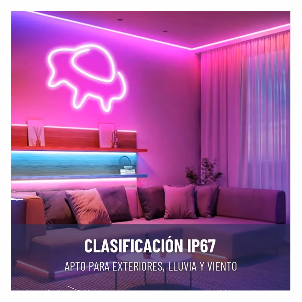 Cinta neón RGB instalada como iluminación ambiental con clasificación IP67 declarada