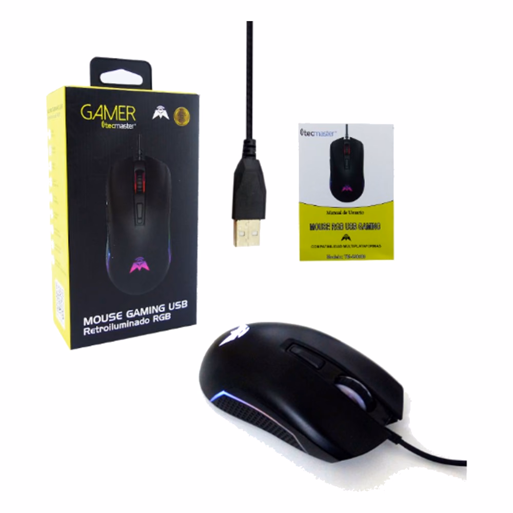 Mouse Tecmaster TM-400509 junto a su empaque, manual y conector USB