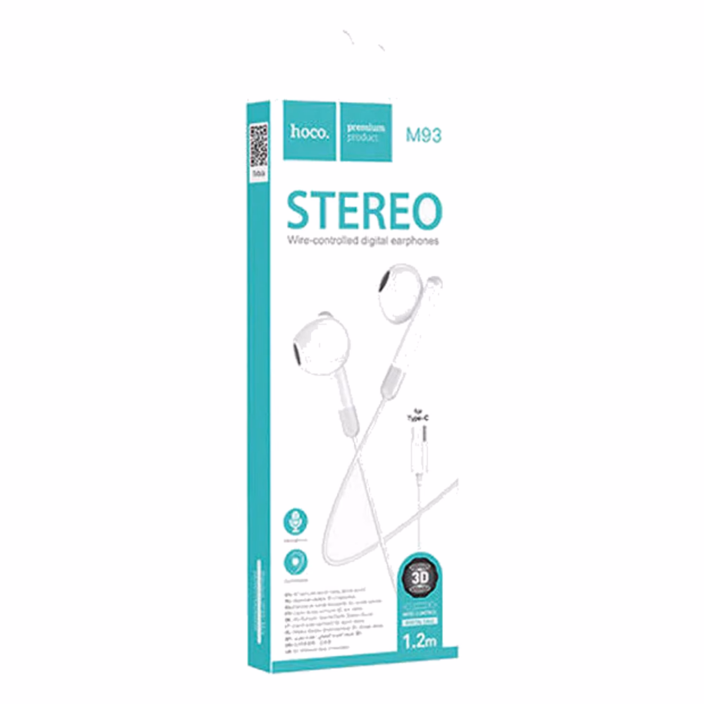 Detalle de los audífonos Hoco M93 Joy blancos con cable y conector USB-C