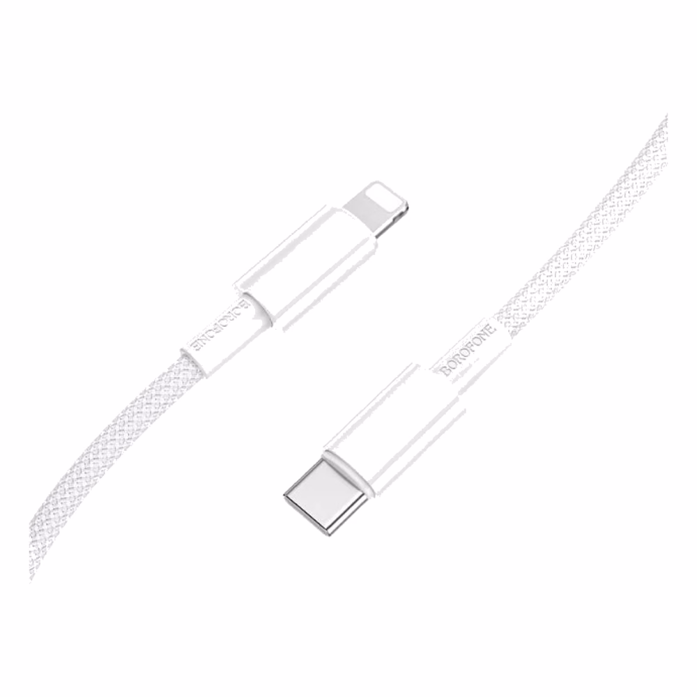 Primer plano de los conectores USB-C y Lightning del cable Borofone BX117