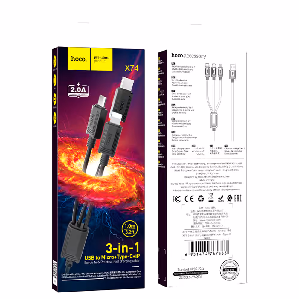 Empaque negro del cable de carga 3 en 1 Hoco X74