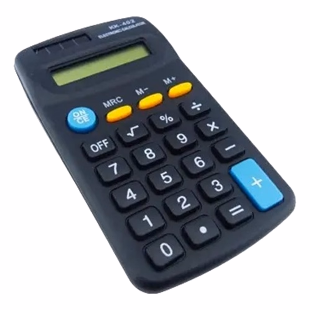 Calculadora KK-402 mostrando pantalla y teclado de funciones básicas