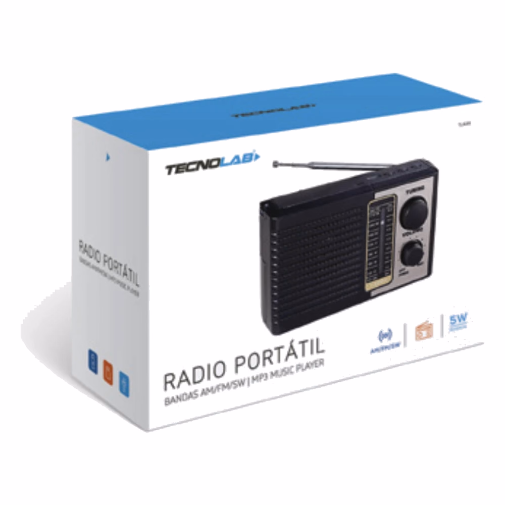 Empaque de la radio portátil Tecnolab TL639 con indicación de bandas AM FM y SW