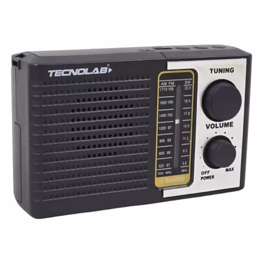 Radio portátil Tecnolab TL639 negra con dial analógico de bandas AM FM y SW