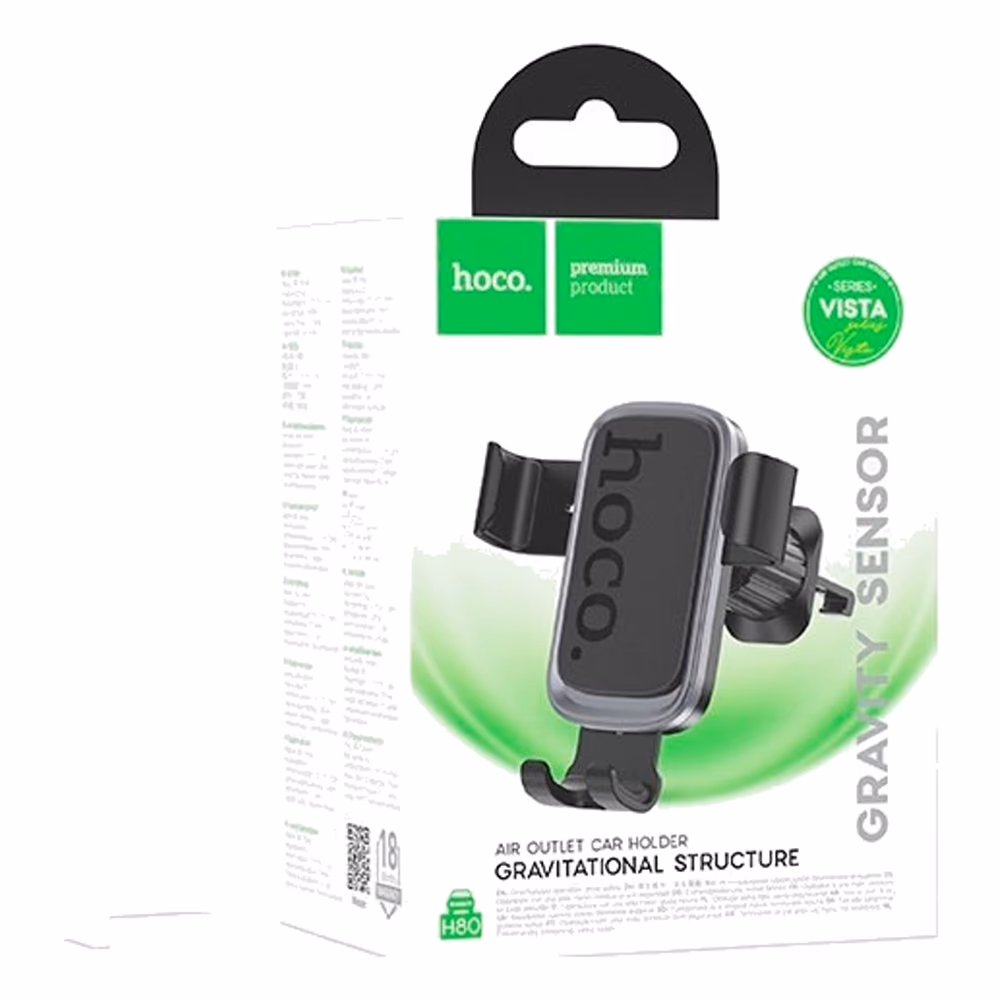 Soporte celular Hoco H80 mostrando ajuste multiángulo y gancho para rejilla