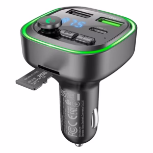 Transmisor FM Borofone BC48 negro con pantalla, controles y puertos de carga