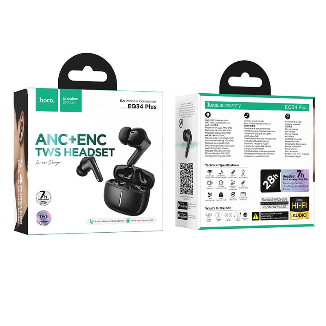Audífonos Inalámbricos ANC Hoco EQ34 Plus Bluetooth 5.4 color negro