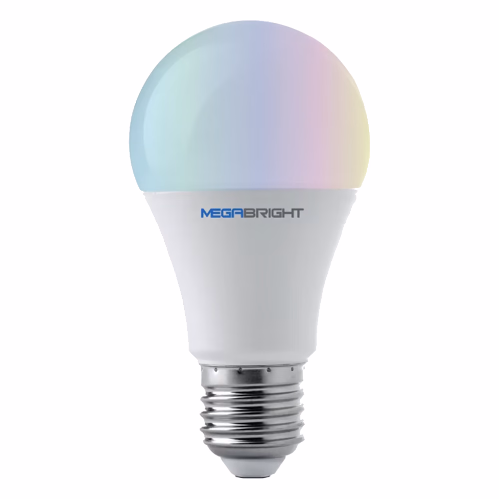 Ampolleta LED Smart Bright A60 Megabright blanca con base E27 en vista principal