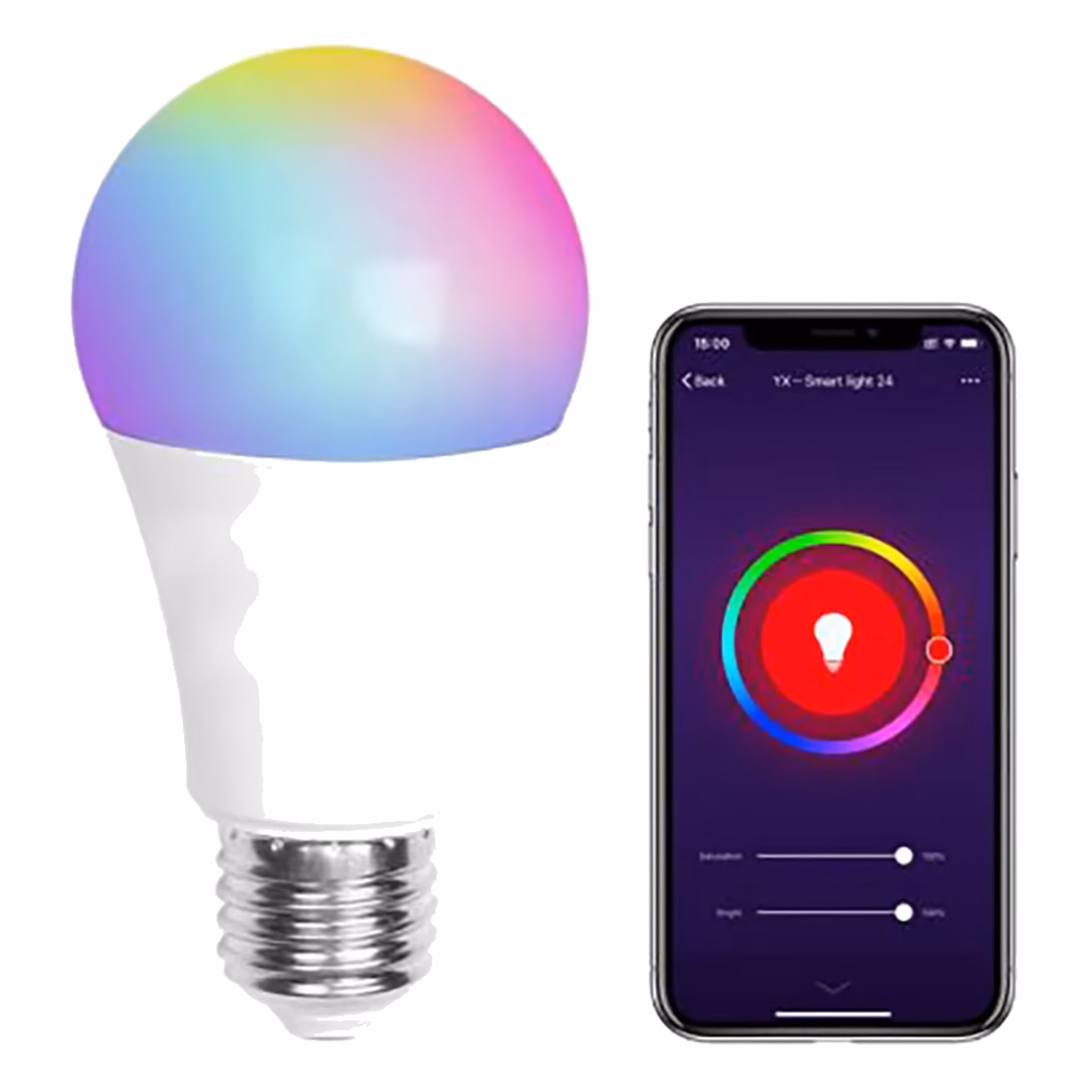 Ampolleta Smart Bright A60 junto a un teléfono con controles de iluminación