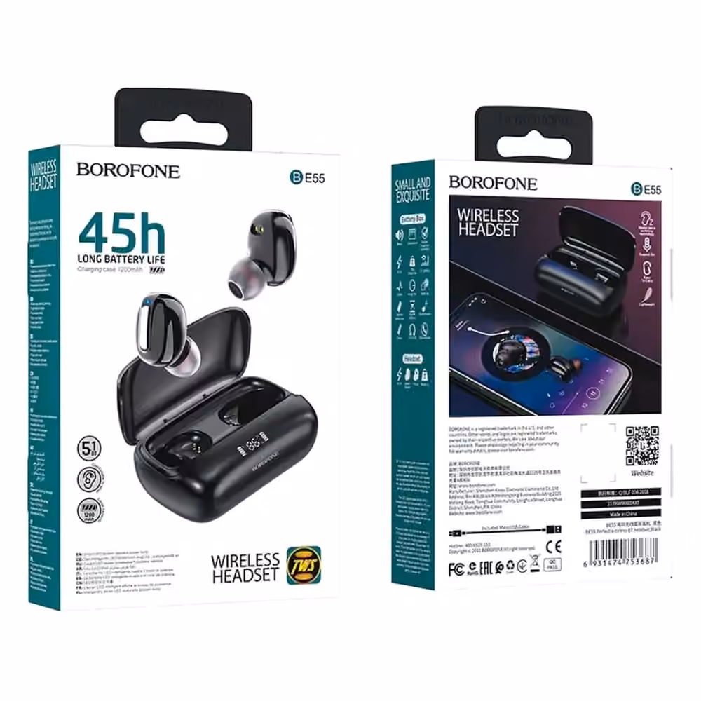 Caja original de los Audífonos Borofone BE55 Perfect TWS, con especificaciones de 45h de batería y estuche 1200mAh
