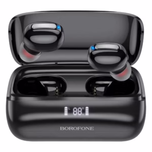 Audífonos Inalámbricos Borofone BE55 negros, vista frontal con el estuche abierto y la pantalla LED mostrando el nivel de batería