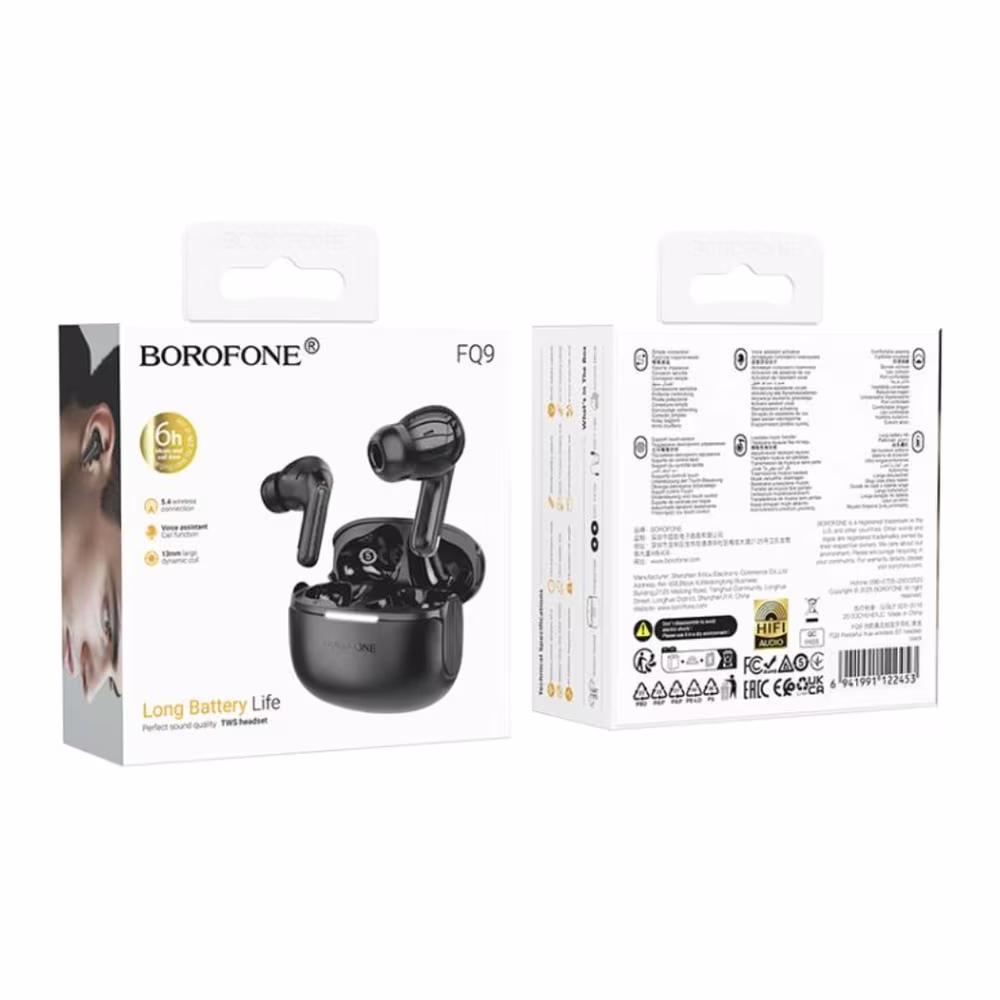 Caja de empaque de los audífonos Borofone FQ9 en color negro