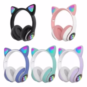 Audífonos Inalámbricos CAT-28 con orejas de gato, mostrando los 5 colores surtidos disponibles: negro, rosado, azul, verde menta y morado