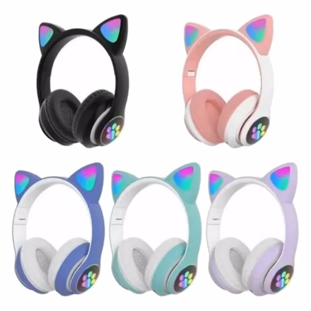 Audífonos Inalámbricos CAT-28 con orejas de gato, mostrando los 5 colores surtidos disponibles: negro, rosado, azul, verde menta y morado