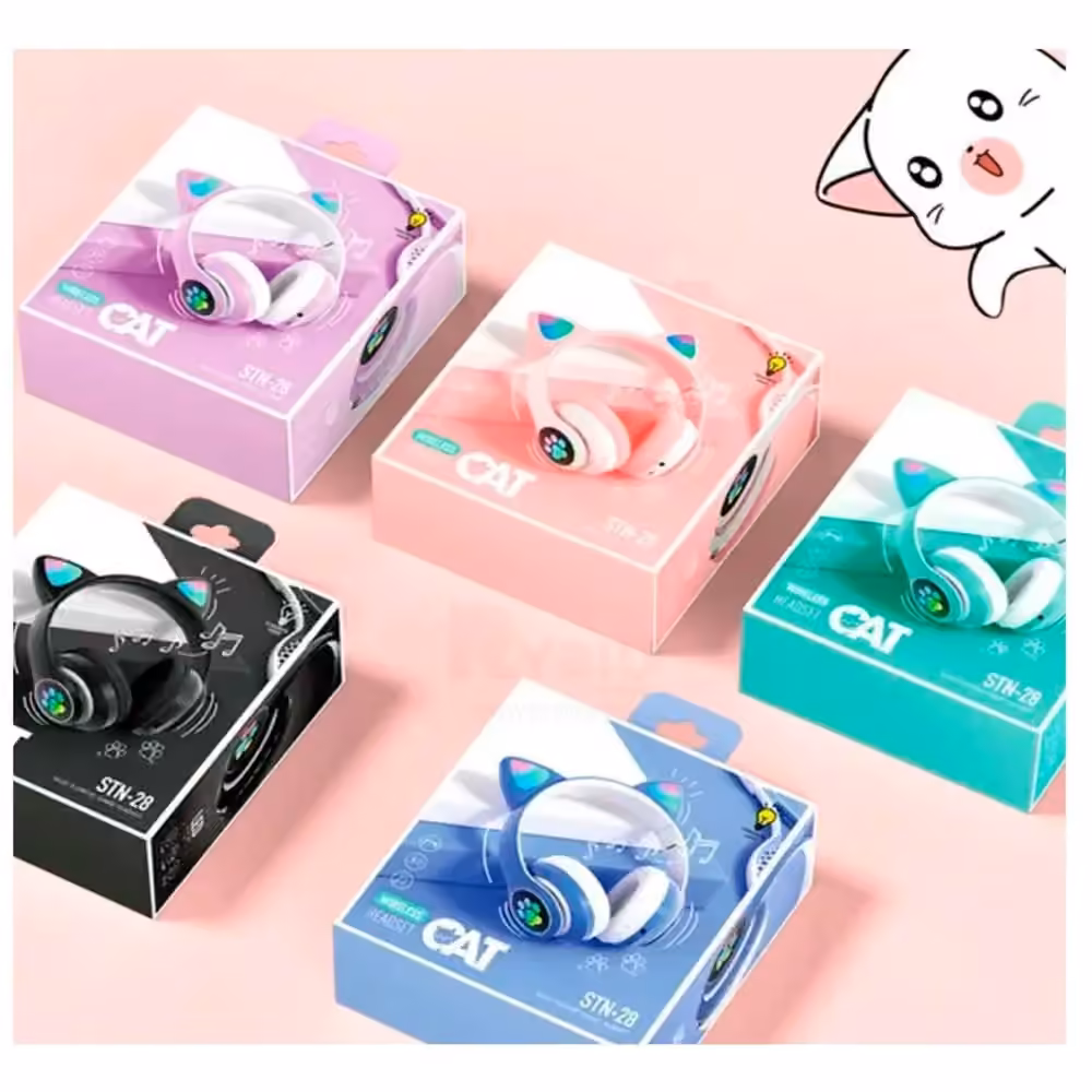 Cajas de los Audífonos CAT-28 en distintos colores: morado, rosado, verde menta, negro y azul