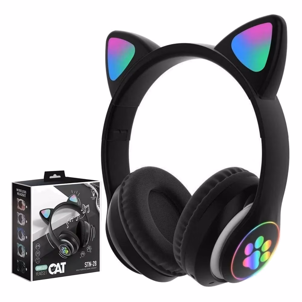 Audífonos Inalámbricos CAT-28 negros con orejas iluminadas en RGB, junto a su caja original