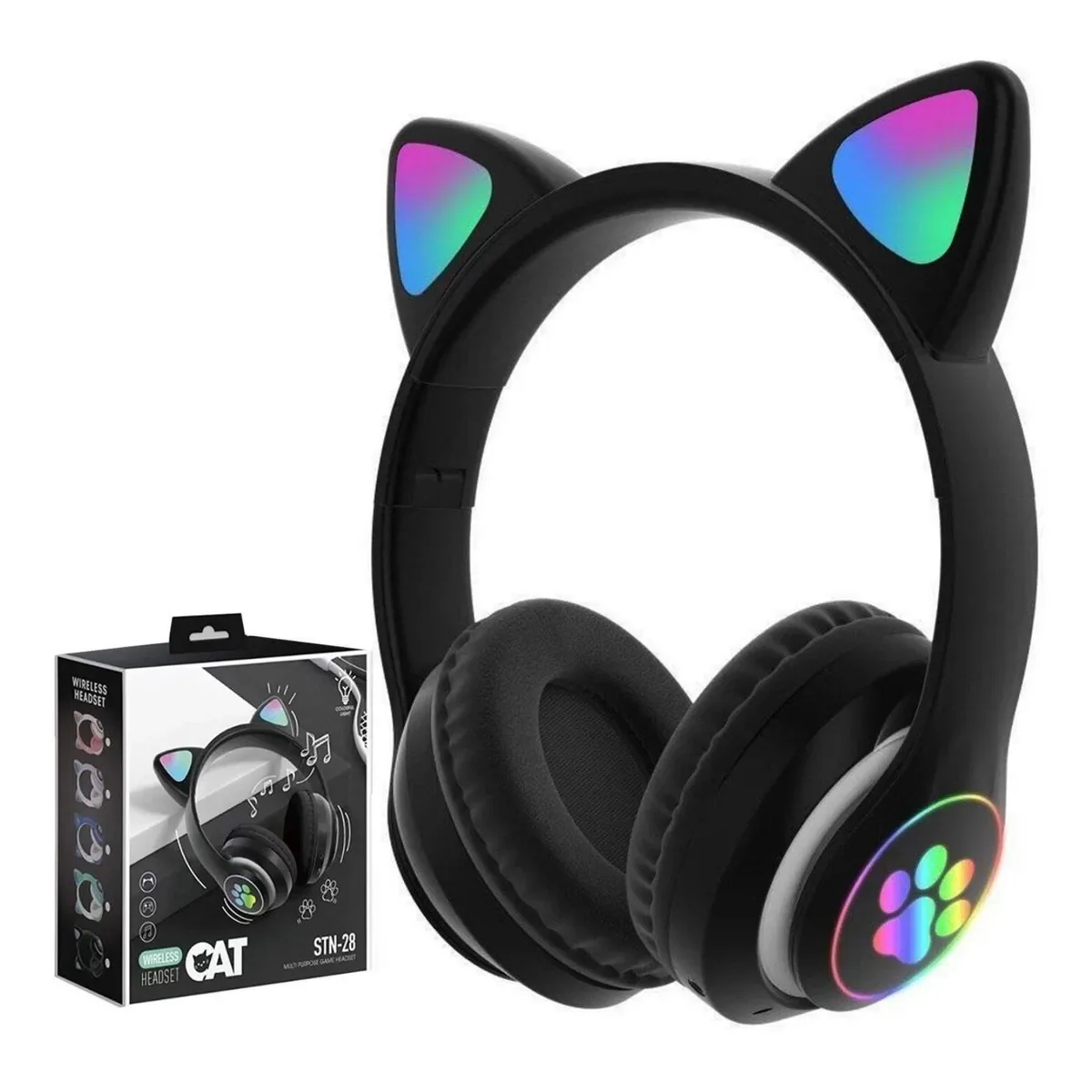 Audífonos CAT-28 negros junto a su caja