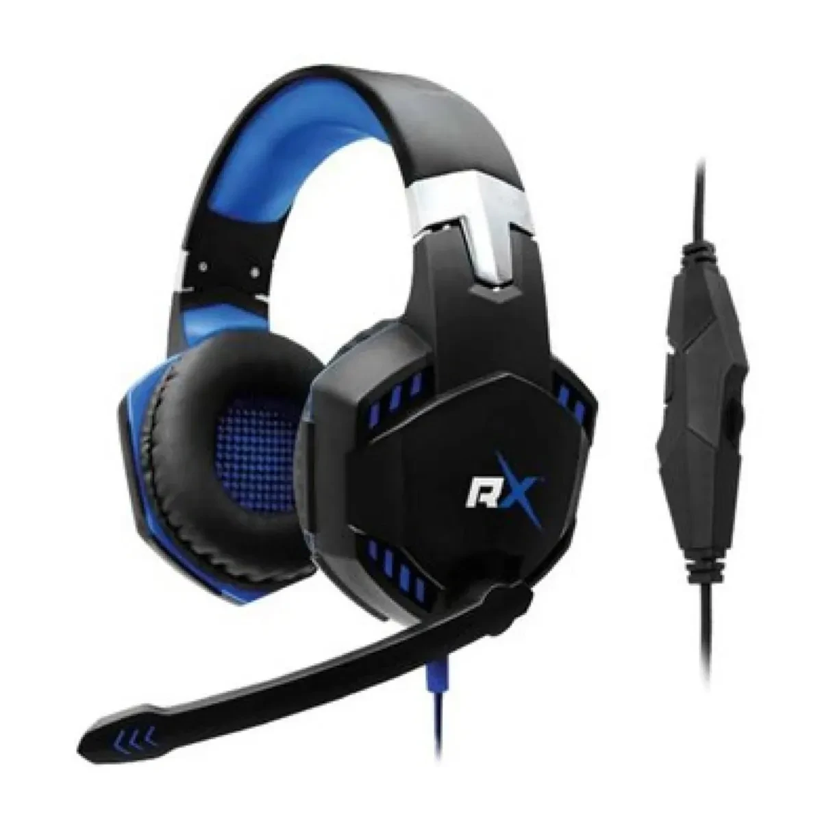 Audífonos Gamer Reptilex RX0014BL negros y azules con micrófono y control en cable
