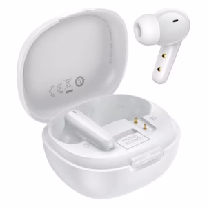 Audífonos Inalámbricos Hoco EQ100 blancos, vista con el estuche de carga abierto mostrando el grabado Phone Stand