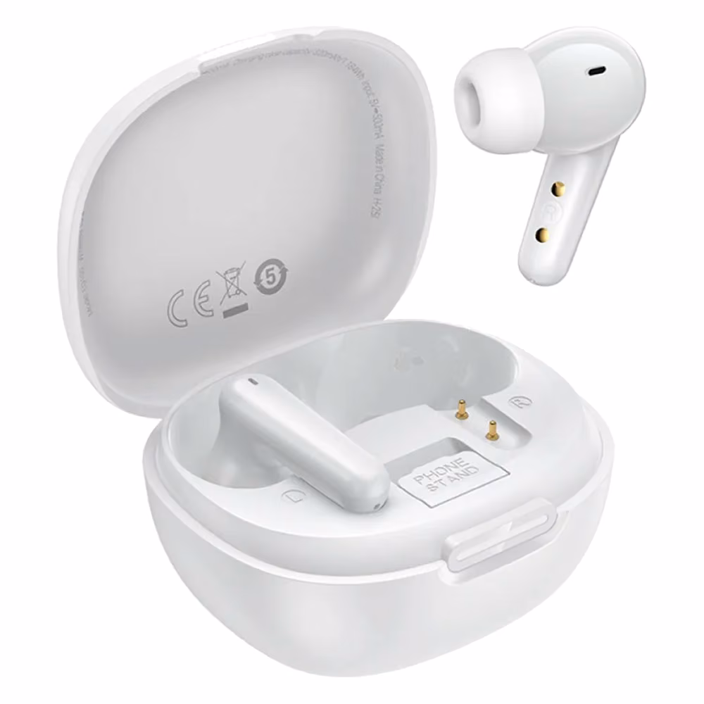 Audífonos Inalámbricos Hoco EQ100 blancos, vista con el estuche de carga abierto mostrando el grabado Phone Stand
