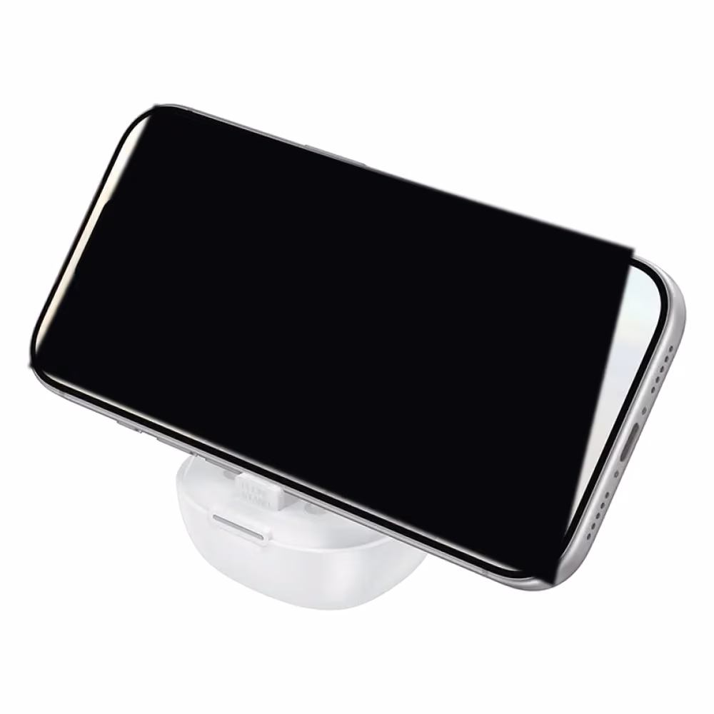 Audífonos Hoco EQ100, estuche usado como soporte horizontal para celular, con la pantalla del teléfono apagada