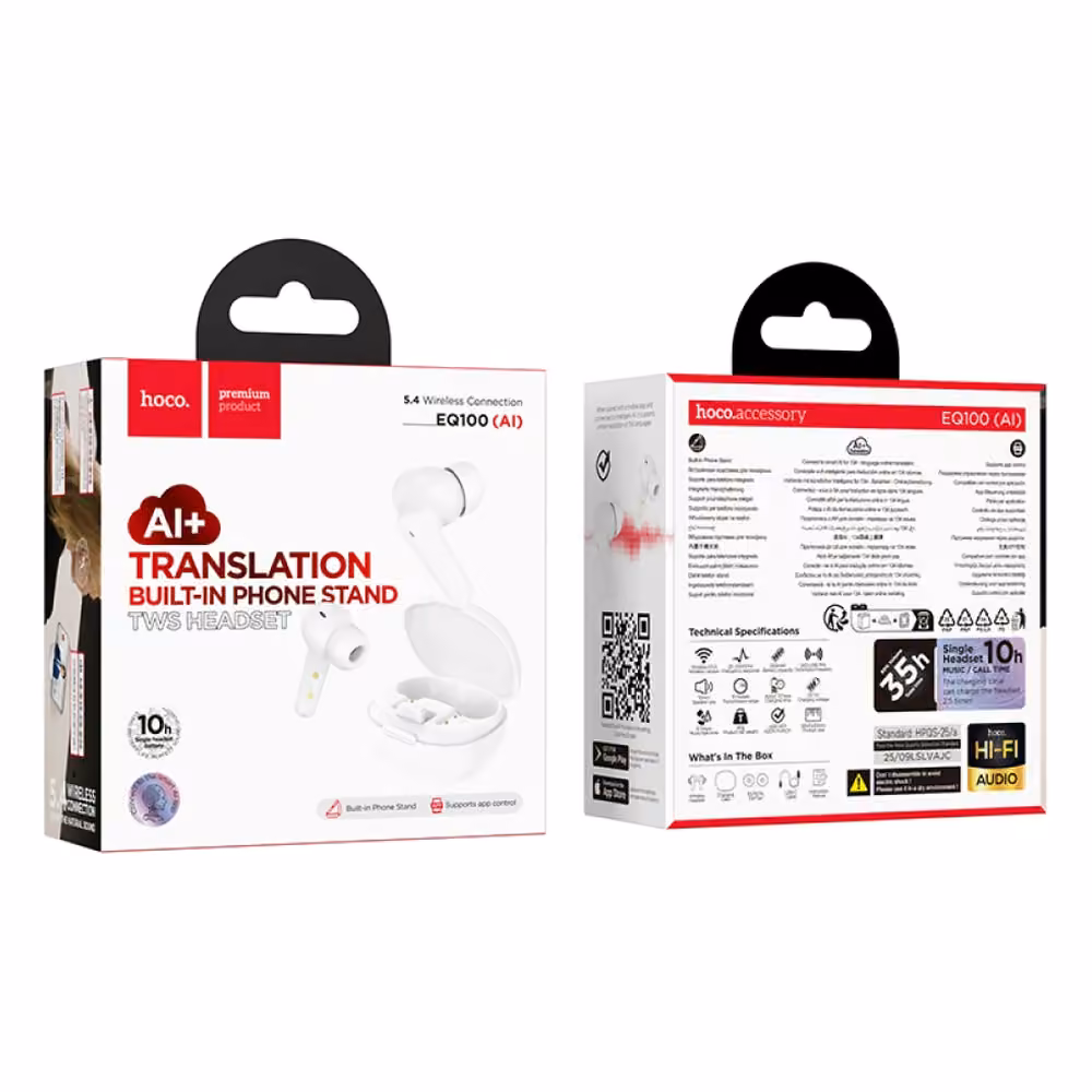 Caja original de los Audífonos Hoco EQ100, vista frontal y posterior con especificaciones AI+ Translation, 5.4, 10h, 35h con estuche