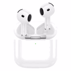 Audífonos Inalámbricos Hoco EW85 blancos, vista frontal simétrica con el estuche abierto y ambos audífonos con marcas L y R