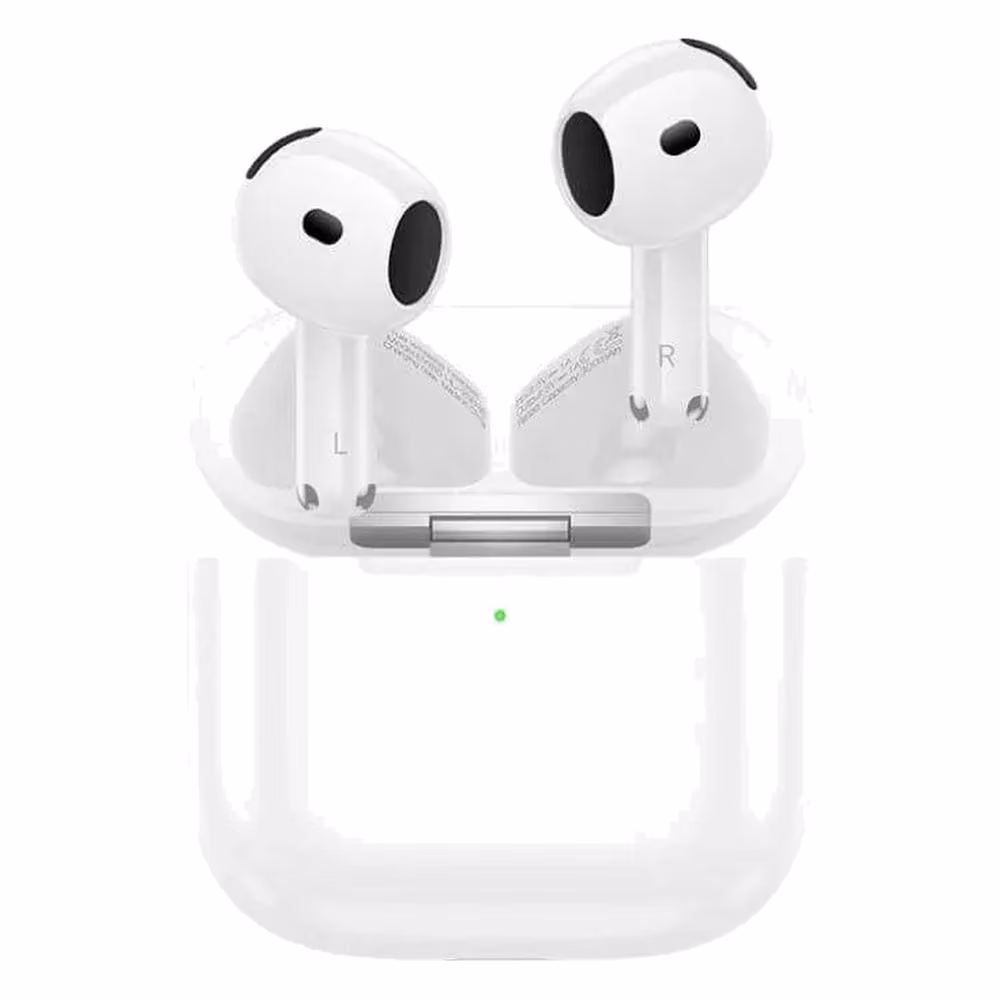 Audífonos Inalámbricos Hoco EW85 blancos, vista frontal simétrica con el estuche abierto y ambos audífonos con marcas L y R