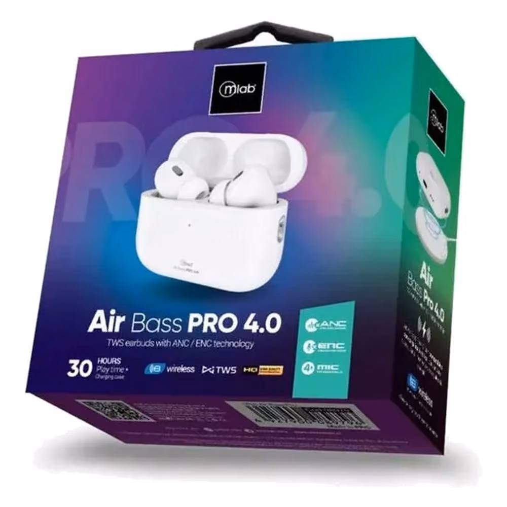 Caja original de los Audífonos Mlab Air Bass Pro 4.0, con especificaciones ANC, ENC y 30 horas de reproducción declaradas en el empaque