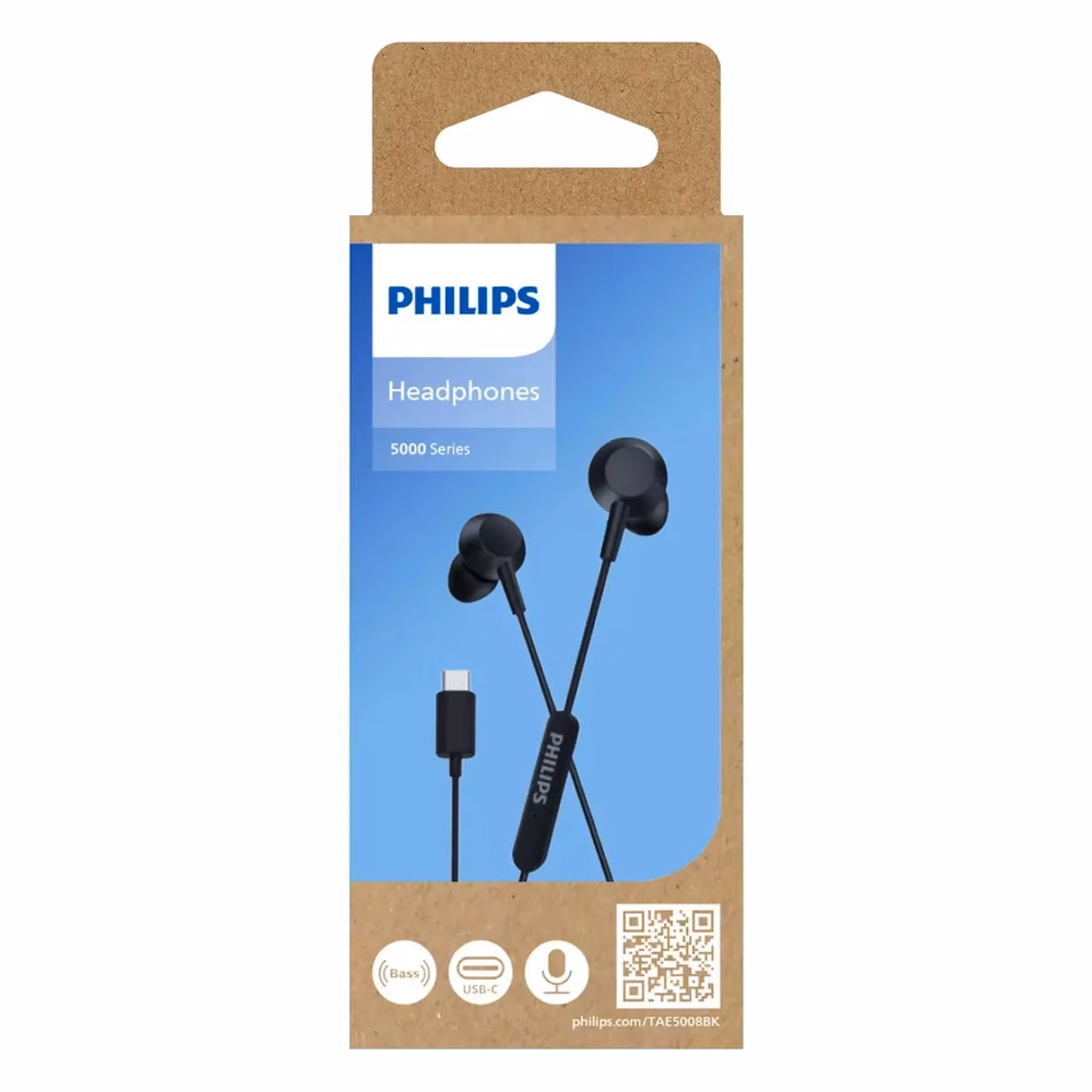 Caja original de los Audífonos USB-C Philips TAE5008, serie 5000, con íconos de Bass, USB-C y micrófono