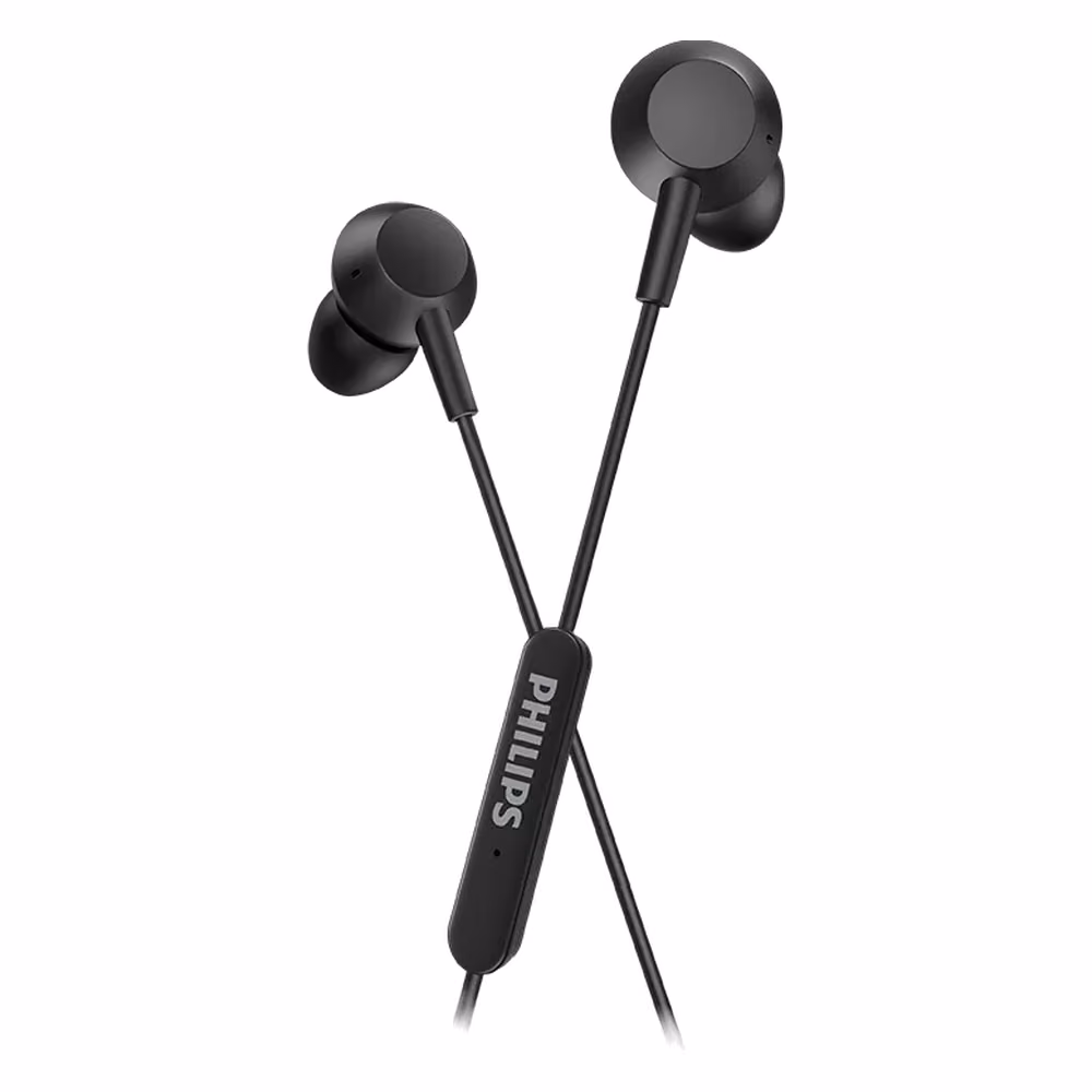 Audífonos USB-C Philips TAE5008 negros, vista principal con el logo Philips en el control