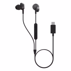 Audífonos USB-C Philips TAE5008, vista completa mostrando el control de 3 botones y el conector USB-C