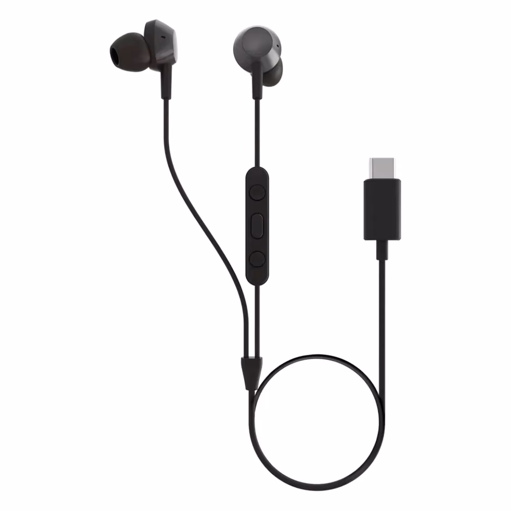 Audífonos USB-C Philips TAE5008, vista completa mostrando el control de 3 botones y el conector USB-C