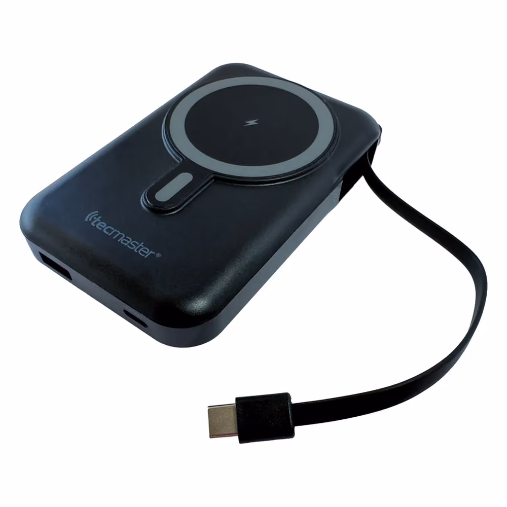 Batería Externa Compatible MagSafe Tecmaster TM-200568, mostrando el cable USB-C incorporado extendido