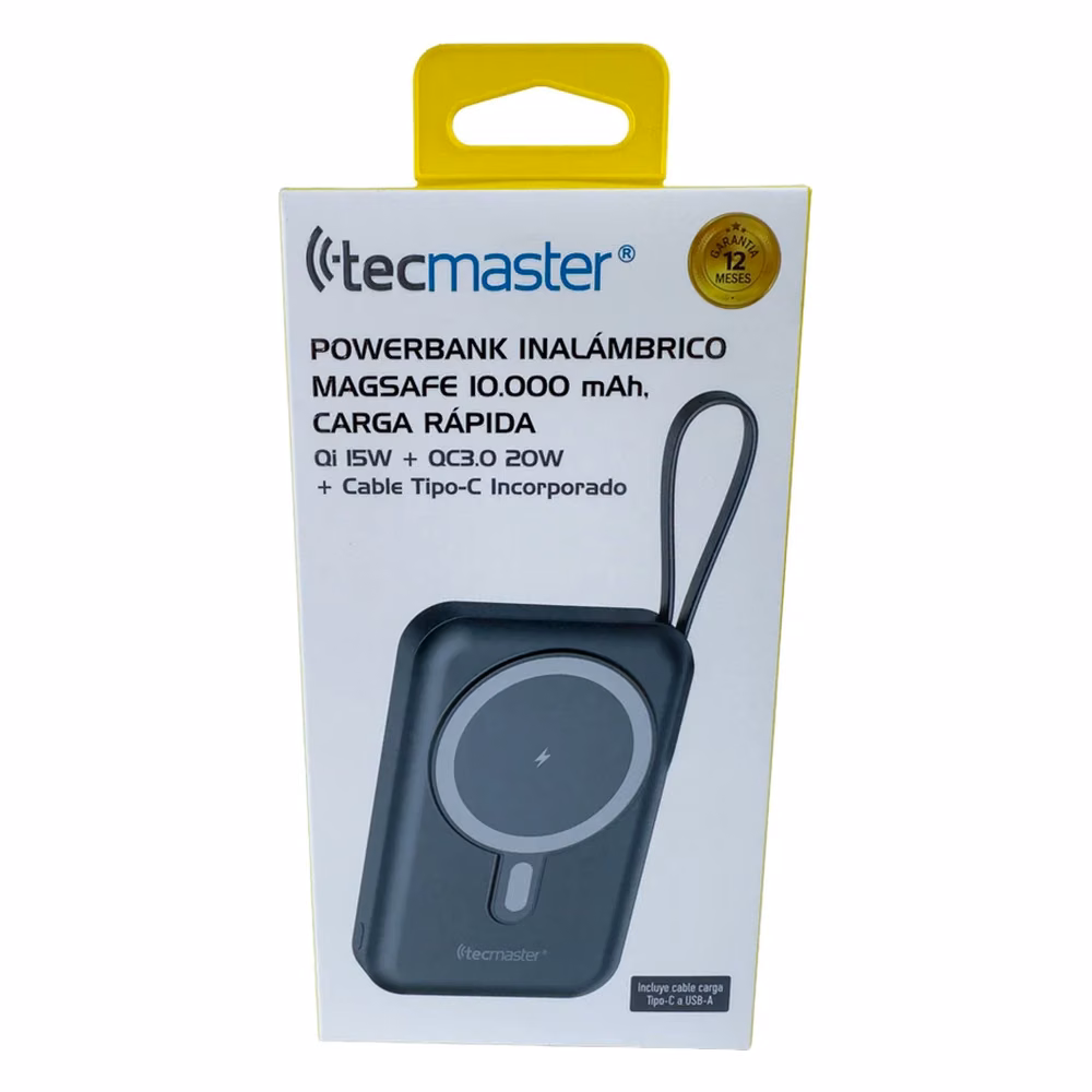 Caja original de la Batería Externa Compatible MagSafe Tecmaster TM-200568, con especificaciones Qi 15W y QC3.0