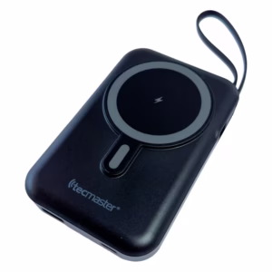 Batería Externa Compatible MagSafe Tecmaster TM-200568 negra, vista frontal con el círculo de carga inalámbrica