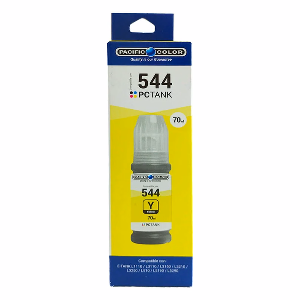 Caja de la Botella de Tinta Compatible Epson T544 Amarillo Pacific Color, vista frontal con lista de compatibilidad
