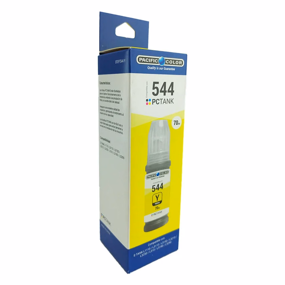 Caja de la Botella de Tinta Compatible Epson T544 Amarillo Pacific Color, vista lateral con características