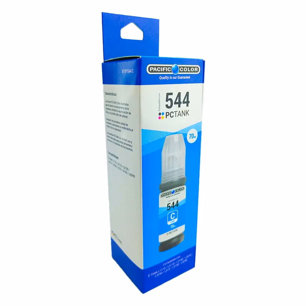 Caja de la Botella de Tinta Compatible Epson T544 Cyan Pacific Color, vista lateral con características