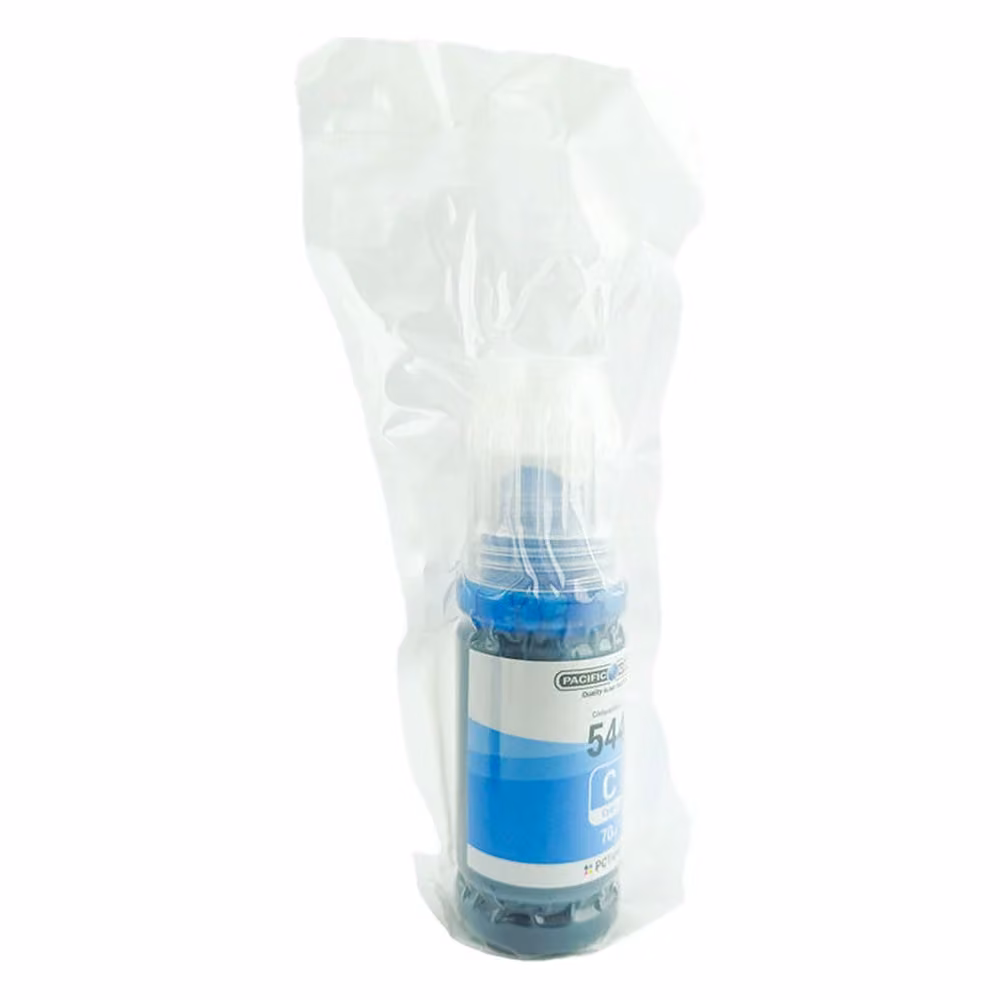 Botella de Tinta Compatible Epson T544 Cyan Pacific Color dentro de su bolsa protectora individual